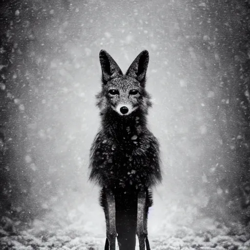 Image similar to an award winning National Geographic picture of a black Jackal wearing a denim Jacket in the snow by Lee Jeffries, 85mm ND 5, perfect lighting in a snow storm