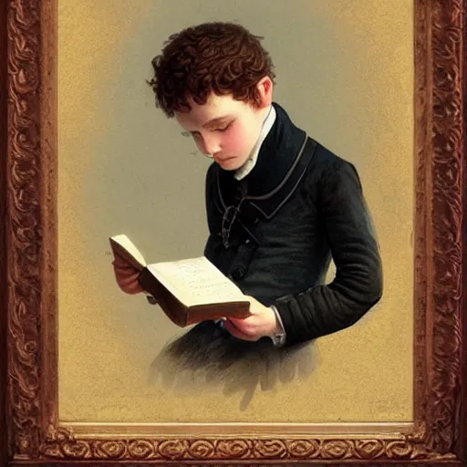 Image similar to 1830s young boy trying to read a book, highly detailed, digital painting, artstation, concept art, art by artgerm and Johfra Bosschart