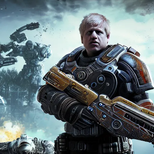 Image similar to Boris Johnson in 'Gears of War', splash art, movie still, cinematic lighting, detailed face, dramatic, octane render, long lens, shallow depth of field, bokeh, anamorphic lens flare, 8k, hyper detailed, 35mm film grain