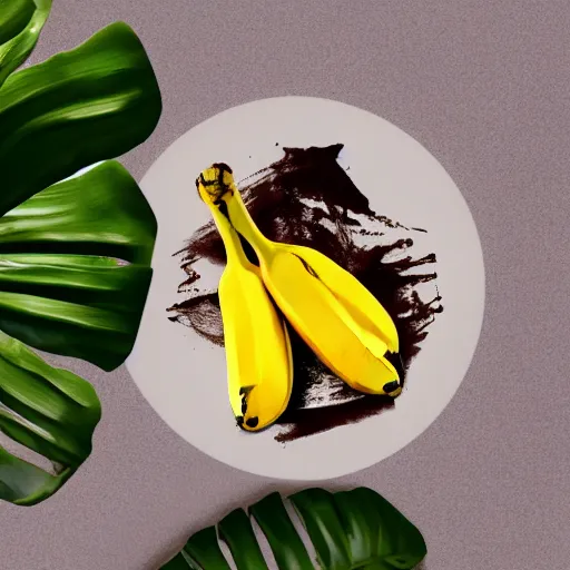 Prompt: banana made of coffee stains on a white polo shirt