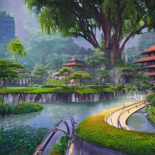 Image similar to a beautiful nature civilization, fancy, flowers, bridges, malls, shops, nature city, people, tree houses, wet reflections, unreal engine 5, octane, smooth, ray tracing, hyper detailed, hyper realism, fantasy, trending on artstation, behance, deviantart