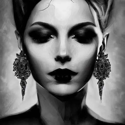 Prompt: digital art painting portrait of elegant gothic lady with earrings, black and white, black colours, hard edges, high quality, textured, caestrad, cell shading, dark background, mystic, dripping, perfect lighting, high contrast, arstation, artgerm, wlop, 4 k