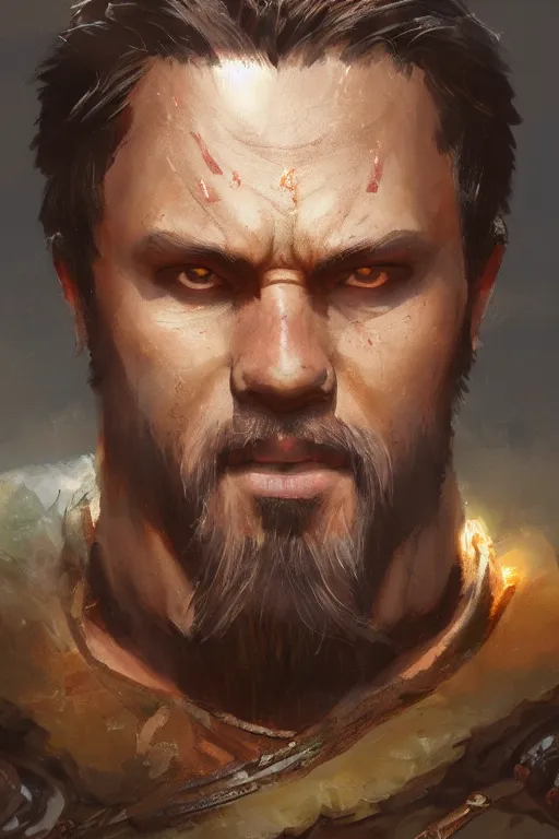 Prompt: dungeons and dragons warrior chief character closeup portrait, dramatic light, forest background, 2 0 0 mm focal length, painted by stanley lau, painted by greg rutkowski, painted by stanley artgerm, digital art, trending on artstation