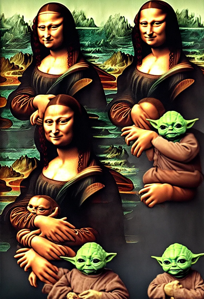 Image similar to a portrait painting of one Mona Lisa holding one Baby Yoda