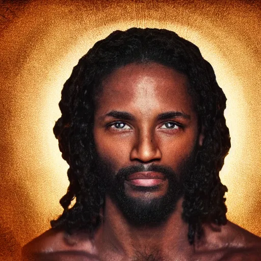 Prompt: african american jesus christ, movie still, portrait photograph style, 4k, warm light,