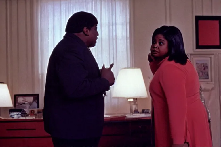 Image similar to cinematic shot from a 1 9 8 5 paranoid thriller, screenshot of octavia spencer yelling at senator joe manchin's ear, in the near future, film directed by stanley kubrick, color theory, apartment design, leading lines, photorealistic, volumetric lighting