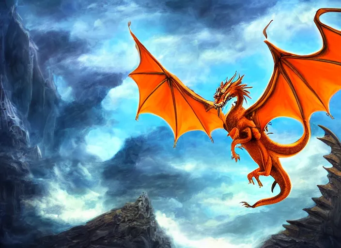 Prompt: orange dragon flying in atlantis, digital wallpaper, dragon, castle, fantasy art, digital art, artwork, perspective, detailed