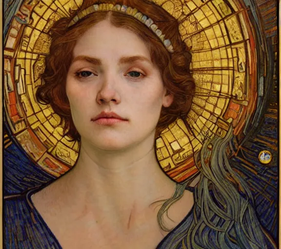 Image similar to detailed realistic beautiful young medieval queen face portrait by jean delville, alphonse mucha, vincent van gogh, and marco mazzoni, art nouveau, symbolist, visionary, gothic, pre - raphaelite
