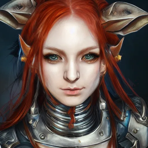 Image similar to portrait of a female elf orc by ayami kojima, she is about 2 0 years old, american pretty, copper hair, annoying but friendly, she is wearing a modern tactical gear, scifi, highly detailed portrait, digital painting, artstation, concept art, smooth, sharp foccus ilustration, artstation hq