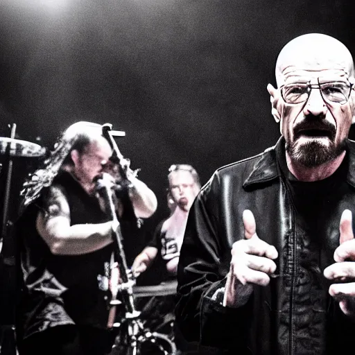 Image similar to Walter white singing at a death metal concert, photography, wide angle, sharp, cinematic