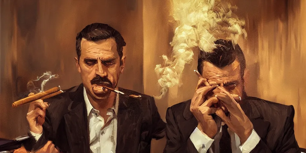 Image similar to abstract oil matte portrait painting, mafia boss smoking a cigar at his 5 0 s new york office desk, wonderful masterpiece highly detailed, beautiful cinematic light deep focus, elegant, digital painting, smooth, sharp focus, golden ratio, dramatic illumination, ultra realistic, 8 k, art by jimmy law