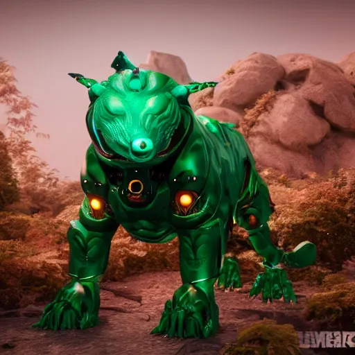 Image similar to hybrid of a cyborg dog and a malachite golem kaiju, ultra detailed, 8 k, rule of thirds, professional lighting, unreal engine.