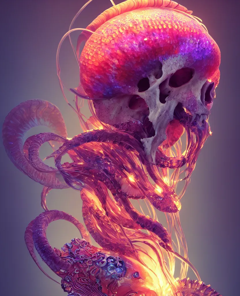 Image similar to goddess close-up portrait goat skull. jellyfish phoenix head, nautilus, orchid, skull, betta fish, bioluminiscent creatures, intricate artwork by Tooth Wu and wlop and beeple. octane render, trending on artstation, greg rutkowski very coherent symmetrical artwork. cinematic, hyper realism, high detail, octane render, 8k