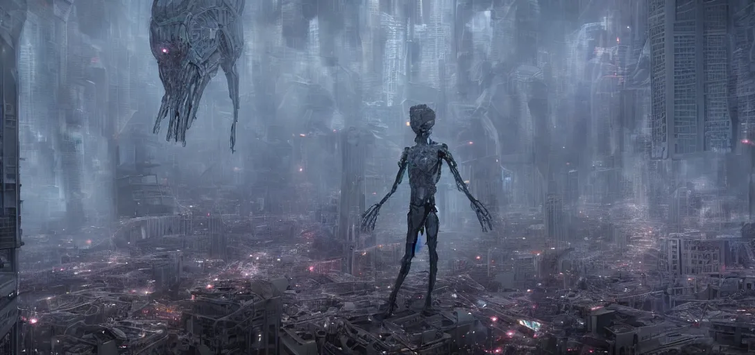 Image similar to a complex organic fractal 3 d metallic symbiotic ceramic humanoid megastructure creature invading a city, foggy, cinematic shot, photo still from movie by denis villeneuve, wayne barlowe