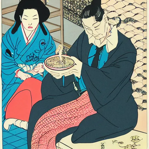 Image similar to Japanese beauty wrapped in a snake having tea with her husband by Toshio Saeki, high detailed