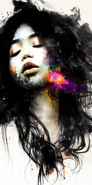 Image similar to dark background, light paint, candid!! long abstract paint portrait of a very very beautiful! young filipino woman with very narrow face, closed eyes and flowing long hair, swirling dreamy smoke and fog is coming from her mouth, face partially obscured, by conrad roset, abstract background, dramatic lighting, minimal art, trending on artstation