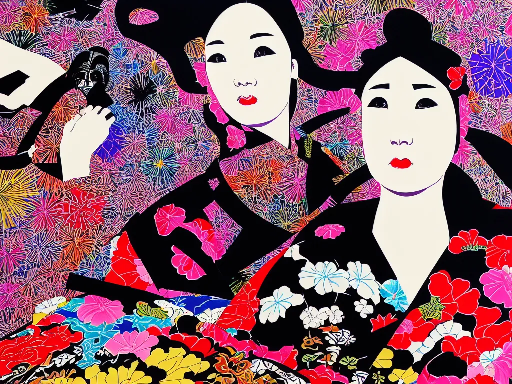 Image similar to hyperrealistic composition of the detailed woman in a japanese kimono sitting at a extremely detailed black jack table with hyperdetailed darth vader, fireworks, mountain fuji on the background, pop - art style, jacky tsai style, andy warhol style, acrylic on canvas