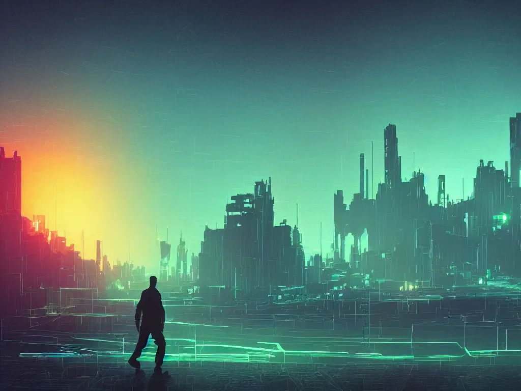 Prompt: synthwave landscape of a lone traveler walking towards a distant cyberpunk castle, cyberspace, grid, virtual, night, wireframe, by John Smith, by Alena Aenami, by Paul Lehr, wide angle, highly detailed, cinematic, Blue and Green color scheme