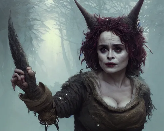 Image similar to highly detailed portrait of helena bonham carter as a fantasy goblin, in skyrim, stephen bliss, unreal engine, fantasy art by greg rutkowski, loish, rhads, ferdinand knab, makoto shinkai and lois van baarle, ilya kuvshinov, rossdraws, tom bagshaw, global illumination, radiant light, detailed and intricate environment