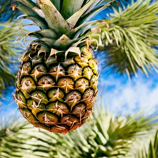 Prompt: photograph of pineapples on a lodgepole pine tree, high quality, 4 k, realistic