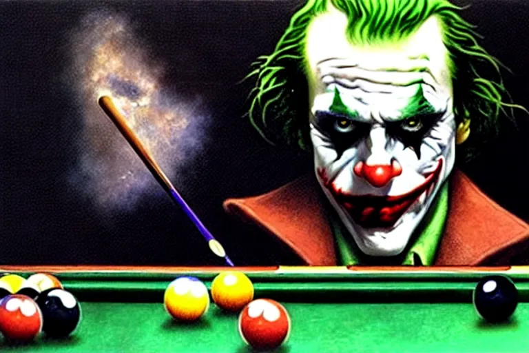 Image similar to a portrait of the joker playing pool by alan lee