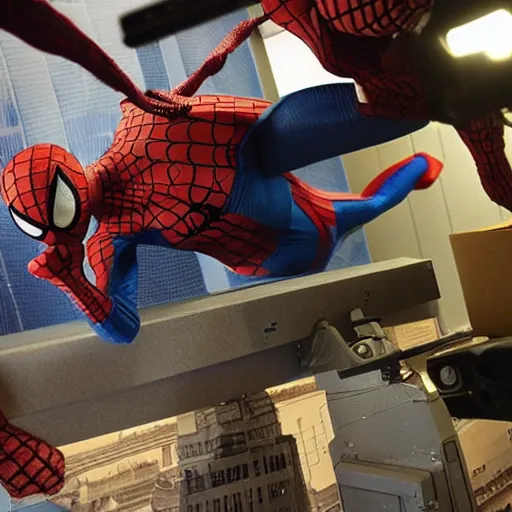 Prompt: a photo of a stopmotion animation filming set of spiderman 3