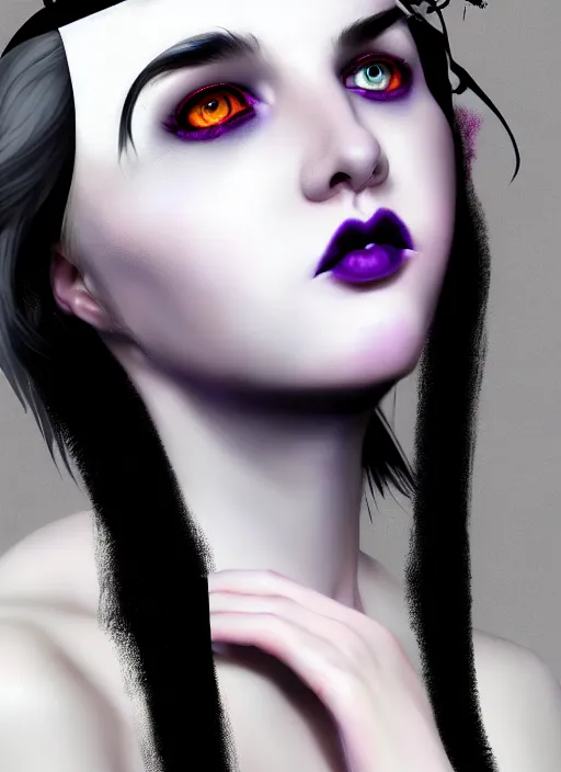 Image similar to portrait of white teenage girl, normal face, black bangs, mall goth, cyberlox, black and white hair, bangs, fluffy bangs, red contacts, purple lipstick, intricate, elegant, highly detailed, digital painting, artstation, concept art, sharp focus, smooth, illustration, art by wlop, mars ravelo and greg rutkowski