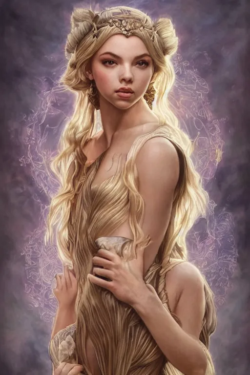 Image similar to ultra realistic illustration, a stunningly beautiful greek goddess of chaos in the throes of ecstasy played by jordyn jones and dove cameron and margot robbie and taylor swift and megan fox and natalie dormer, intricate, elegant, highly detailed, digital painting, artstation, concept art, smooth, sharp focus, illustration, art by artgerm and greg rutkowski and alphonse mucha