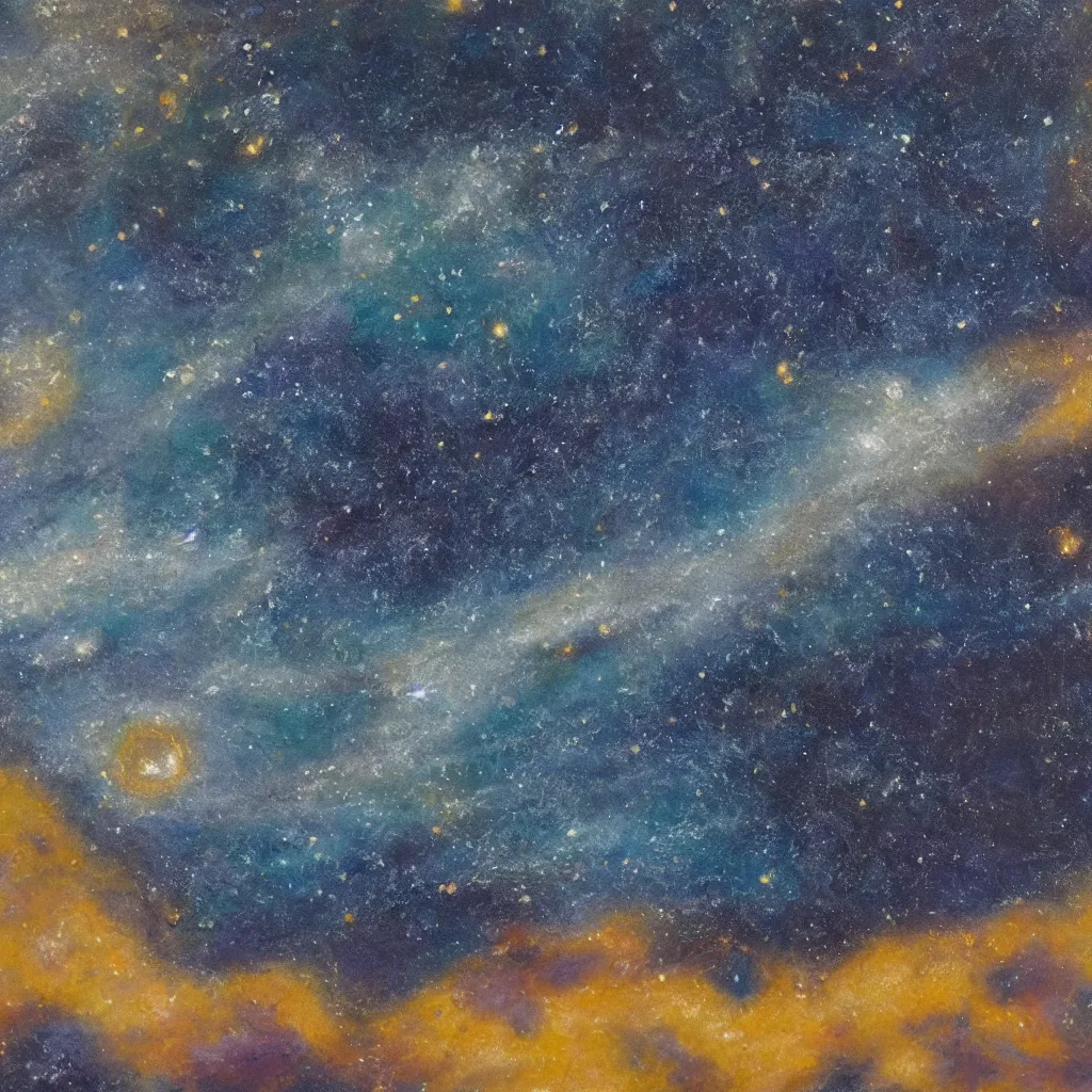 Prompt: oil painting closeup of a pacific golden plover flying in front of a swirling galaxy, shimmering stars, milky way