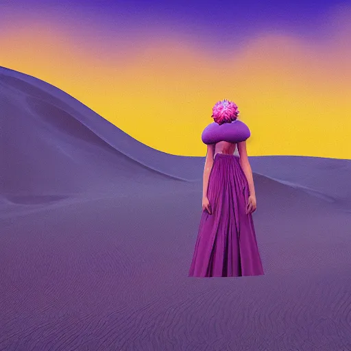 Image similar to portrait, giant purple dahlia flower head, woman between dunes, surreal photography, sunrise, blue sky, dramatic light, impressionist painting, digital painting, artstation, simon stalenhag