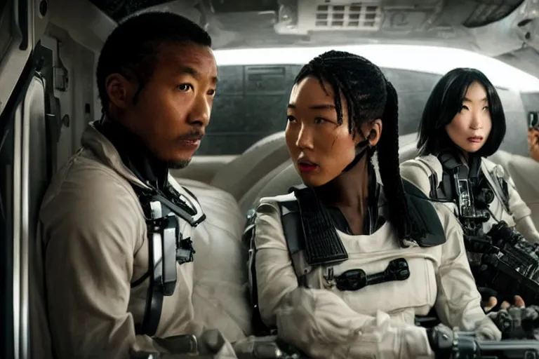 Prompt: movie diverse interracial team of Japanese sci-fi futuristic robbers armed with rifles interior clean futuristic tactical van, cyberpunk city, beautiful skin, Symmetrical faces. natural lighting by Emmanuel Lubezki