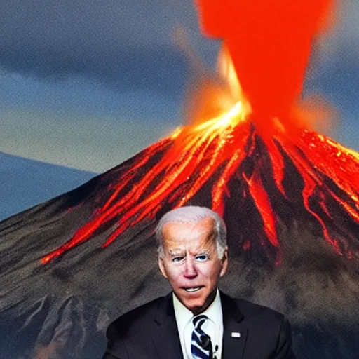 Image similar to joe biden as a volcano spewing lava out of his mouth