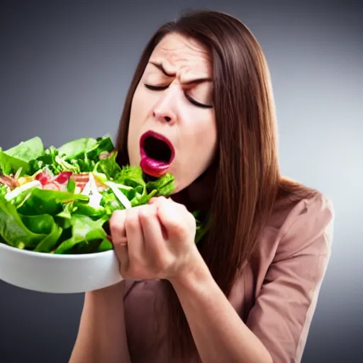 Prompt: stock photo of woman angrily eating salad