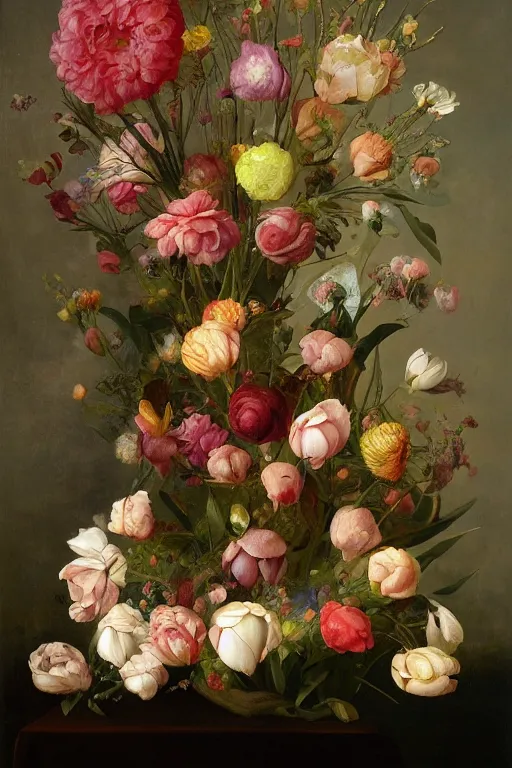 Image similar to painting of human flowers in a vase on a table, by rachel ruysch, pop surrealism, biomorphic, made of men