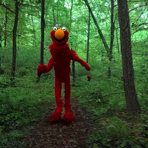 Prompt: found footage of creepy elmo spotted in the woods, demonic, trail cam