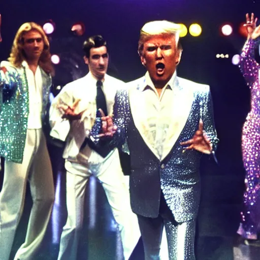 Prompt: A still of Donald Trump wearing a disco suit in Saturday Night Fever