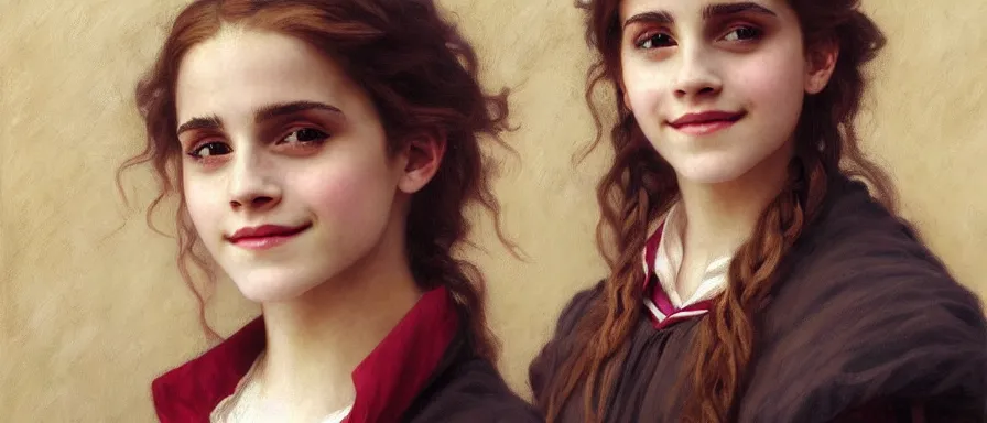 Prompt: Painting of Emma Watson as Hermione Granger. Smiling. Happy. Cheerful. Art by william adolphe bouguereau. Extremely detailed. Beautiful. 4K. Award winning.