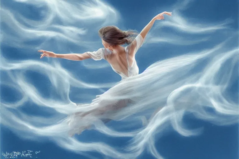 Image similar to high among the wispy swirling clouds, twirling on the wind she soared, the misty dancer in the clouds whirled her translucent arms, white hair spilling across the sky canvas, dissolving and reforming amongst ethereal wisps, as if made of clouds, all blues and whites, hyperrealism hand drawn cartoon 4k by Walt Disney and MC Escher, smooth, sharp focus, extremely detailed.