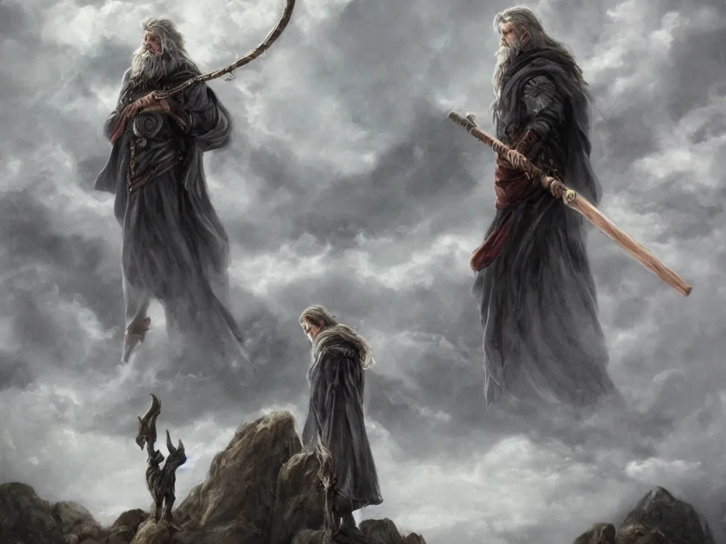 Prompt: Odin the wanderer in a grey cloak with his staff travelling walking on a path with clouds above him, neo-romanticism, norse mythology, colorful