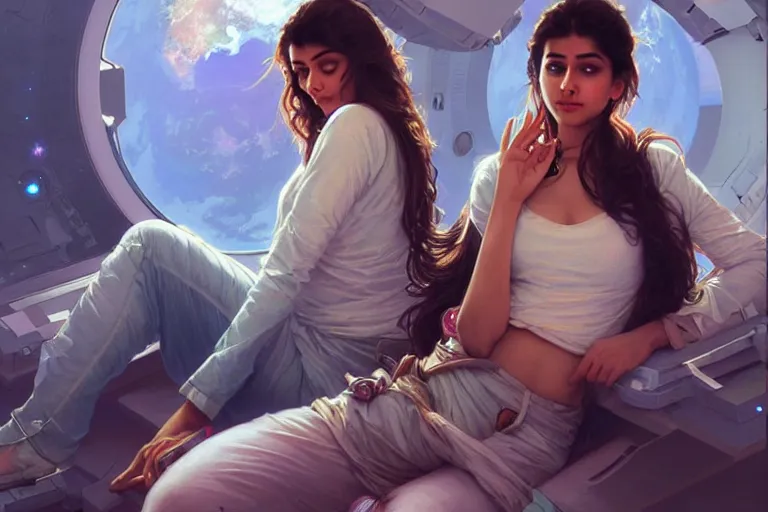 Image similar to Sensual good looking pale young Indian doctors wearing jeans partying in a space station above Earth performing surgery, portrait, elegant, intricate, digital painting, artstation, concept art, smooth, sharp focus, illustration, art by artgerm and greg rutkowski and alphonse mucha