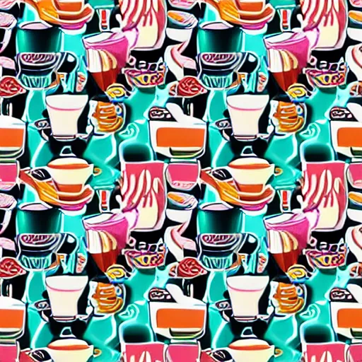 Image similar to colorful happy japanese illustration of smiling coffee cups surrounded by beautiful nature and patterns, 4 k, high detail