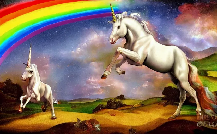 Image similar to a lonely unicorn walking on a rainbow in the universe in the style of Caravaggio, digital art, high quality, highly detailed, high coherence, anatomically correct, Caravaggio, concept art, marterpiece