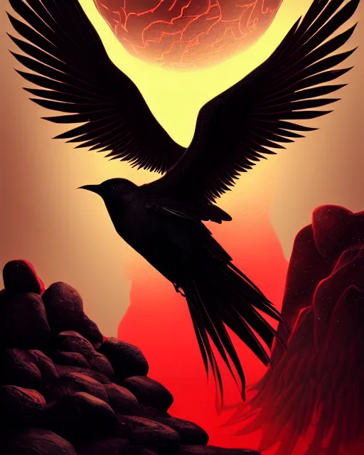 Image similar to beautiful digital fantasy illustration of a black bird with a red background, vanitas, wiccan, cowboy plague doctors, tarot card, angel sitting on a rock, abyssal warmth, octane render, detail texture, unreal engine, poster art by victo ngai, 8 k, photographic quality, ultra hyper realistic quality