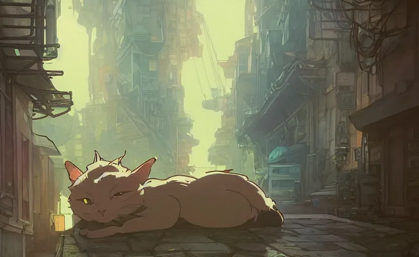 Prompt: an alien cat sleeping in a alleyway in a space opera utopian studio ghibli animated film, highly accurate cat, volumetric lighting, octane render by artgerm, alphonse mucha, loish, alena aenami, highly detailed