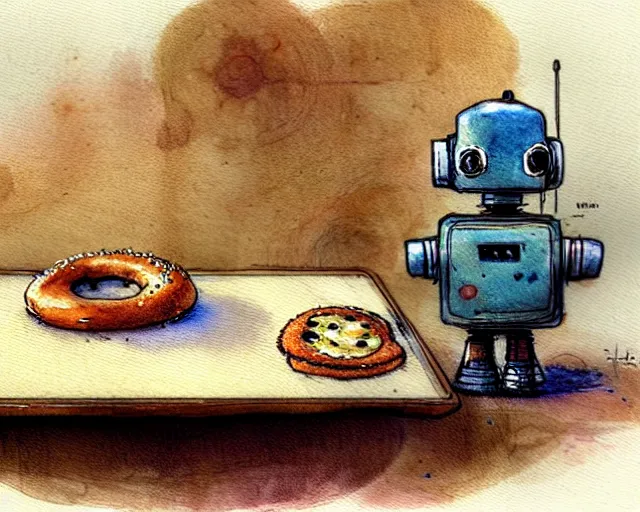 Image similar to a cute little robot in the kitchen baking bagels, holding a tray of bagels, watercolor painting by jean - baptiste monge, muted colors