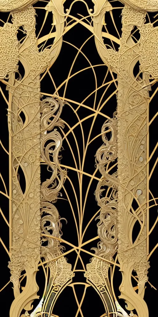 Prompt: the source of future growth dramatic, elaborate emotive Art Nouveau styles to emphasise beauty as a transcendental, seamless pattern, symmetrical, large motifs, 8k image, supersharp, metallic reflective surfaces, glittery iridescent and black colors with gold accents, perfect symmetry, iridescent, pearlescent, High Definition, sci-fi, Octane render in Maya and Houdini, light, shadows, reflections, photorealistic, masterpiece, smooth gradients, high contrast, 3D, no blur, sharp focus, photorealistic, insanely detailed and intricate, cinematic lighting, Octane render, epic scene, 8K