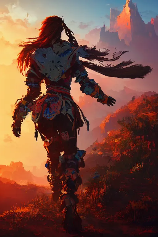 Image similar to combination suit armor aloy horizon forbidden west horizon zero dawn radiating a glowing aura global illumination ray tracing hdr fanart arstation by ian pesty and alena aenami artworks in 4 k tribal robot ninja mask helmet backpack