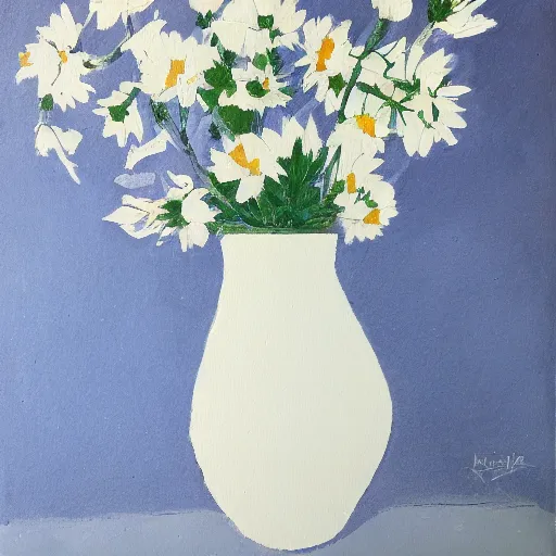 Prompt: flat painting of a vase of white flowers