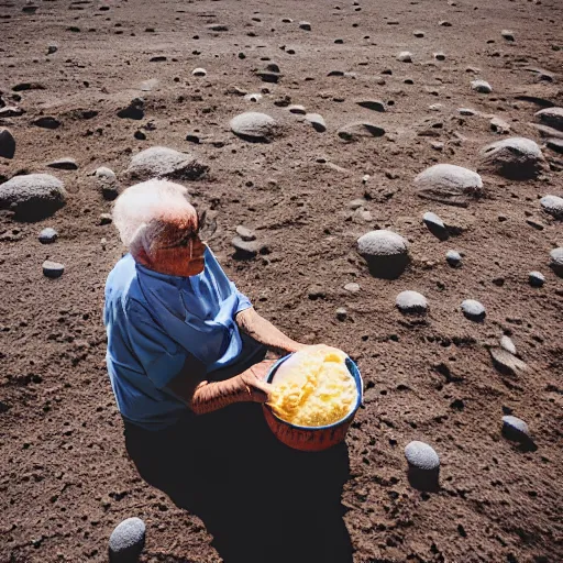 Image similar to an elderly man on the surface of the moon, 🌕, 🍦, eating ice cream, tourist, canon eos r 3, f / 1. 4, iso 2 0 0, 1 / 1 6 0 s, 8 k, raw, unedited, symmetrical balance, wide angle