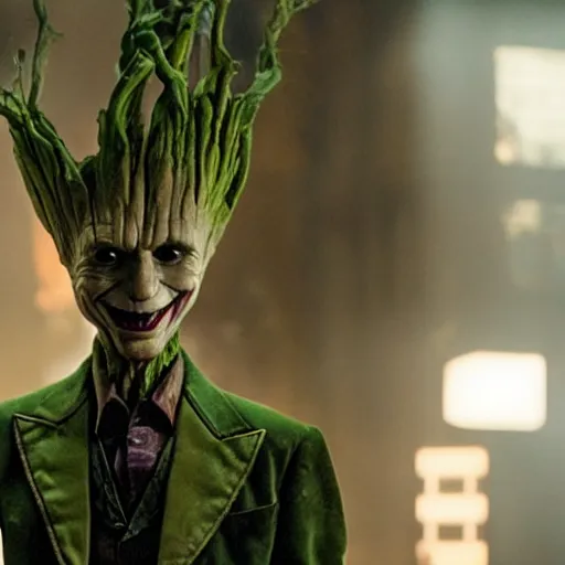 Image similar to film still of Groot as the Joker in the new Joker film